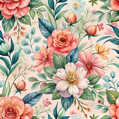 Detailed Watercolor-Style Floral Pattern Seamless Background with a Blend of Vintage and Modern Aesthetics