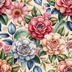 Detailed Watercolor-Style Floral Pattern Seamless Background with a Blend of Vintage and Modern Aesthetics