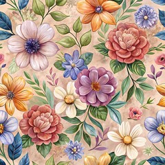 Detailed Watercolor-Style Floral Pattern Seamless Background with a Blend of Vintage and Modern Aesthetics