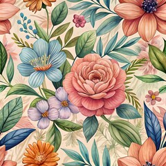 Detailed Watercolor-Style Floral Pattern Seamless Background with a Blend of Vintage and Modern Aesthetics