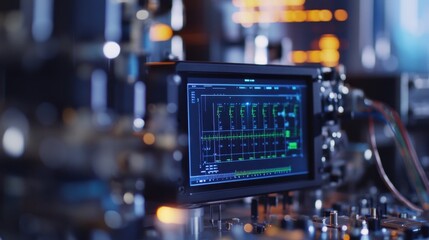 Advanced laboratory equipment showcasing real time data analysis on a digital screen. The setup highlights the precision and complexity of modern scientific research tools