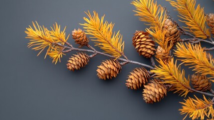 Naklejka premium Golden pine branch cones autumn gray background design