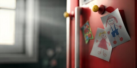 Children’s drawings attached to a red refrigerator door with colorful magnets, cozy family home atmosphere with soft natural light