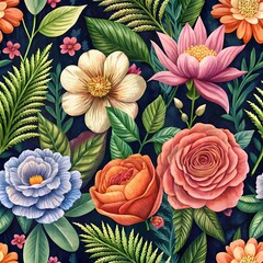 Detailed Watercolor-Style Floral Pattern Seamless Background with a Blend of Vintage and Modern Aesthetics