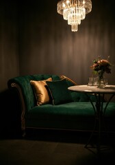 Obraz premium Elegant green velvet sofa with a chandelier and floral arrangement