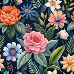 Detailed Watercolor-Style Floral Pattern Seamless Background with a Blend of Vintage and Modern Aesthetics