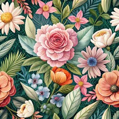 Detailed Watercolor-Style Floral Pattern Seamless Background with a Blend of Vintage and Modern Aesthetics