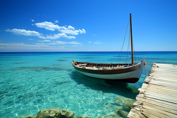 Obraz premium Serene Sailboat Moored at a Wooden Pier on a Sunny Day