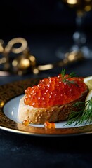 Gourmet toast topped with vibrant red caviar and fresh dill