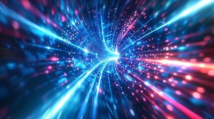 abstract background blue red glowing light rays futuristic space tunnel motion blur
