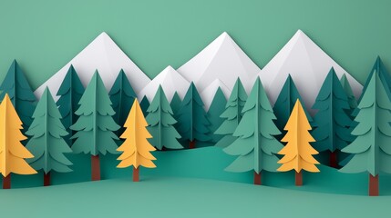 Crafty Forest Glade Illuminated by Sunlight with Colorful Paper Trees and Mountains