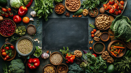 Top view of chalkboard with text vegan on the table surrounded by plant based nutrition groceries and foods including fruits, vegetables, greens, nuts and seeds. fresh healthy raw meal ingredients.