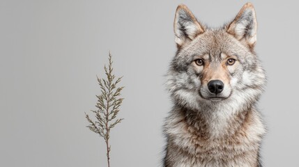 Fototapeta premium Coyote portrait, studio shot, gray background, plant