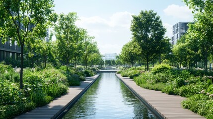 A serene urban landscape featuring a waterway surrounded by greenery and modern buildings under clear blue skies.