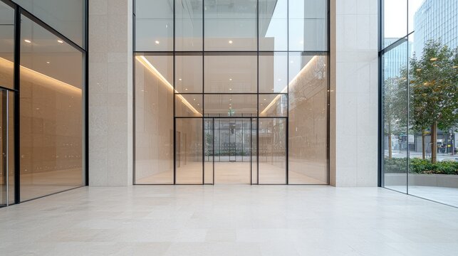 Modern building lobby entrance, city view, empty space, architectural design, real estate