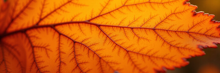 Close-up of vibrant orange autumn leaf veins in detail
