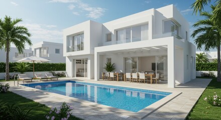 Fototapeta premium A luxurious modern villa with a minimalist design featuring a two story structure with large glass sliding doors and a swimming pool