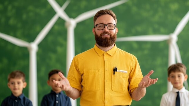 Engineer Teaching the Basics of Wind Energy to Young Students in Classroom Setting