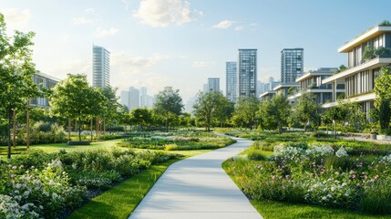 A lush urban park features a winding pathway surrounded by greenery and modern buildings under a bright sky.