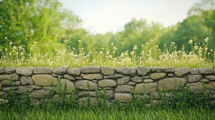 A rustic stone wall covered with wildflowers and lush green grass, set against a blurred natural background.