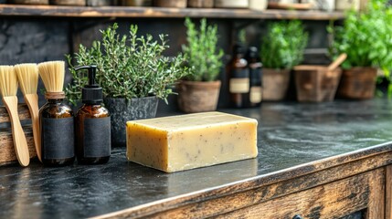 Handmade soap, herbs, rustic shop, counter display