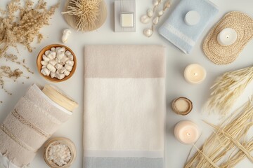 Conjunto de itens de spa com toalhas, velas e elementos decorativos em tons neutros, capturados com luz natural suave, criado com IA generativa.
