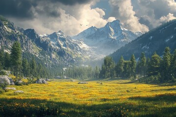 Majestic mountains rise over a vibrant flower-filled valley under a dramatic sky
