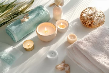 Fotobehang Conjunto de itens de spa com toalhas, velas e elementos decorativos em tons neutros, capturados com luz natural suave, criado com IA generativa. © Odrua Design
