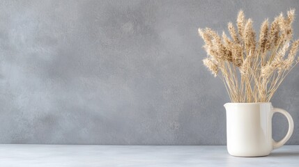 Dried flowers in vase on table, grey background, minimalist home decor