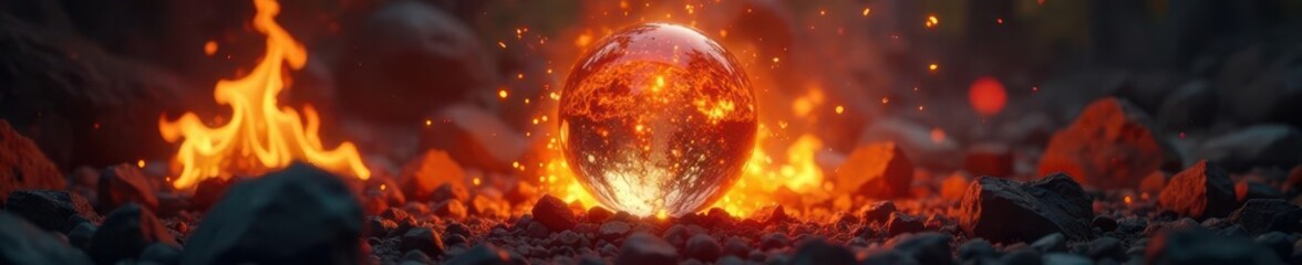 A fiery sphere suspended in the heart of a blazing pyre, flames, ignite