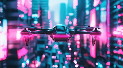 Futuristic Drone Hovering Over High-Tech Neon Cityscape for Sci-Fi Designs