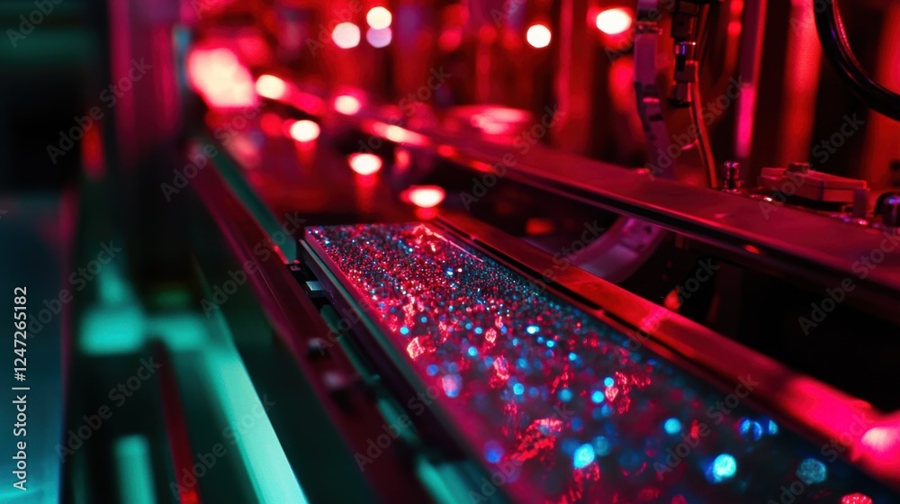 Poster small components moving along an illuminated production line in a high tech factory, showcasing the 
