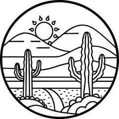 Obraz premium Black and white desert landscape with cacti and mountains