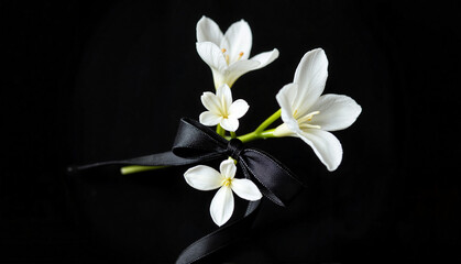 Obraz premium White flowers with black ribbon on dark background