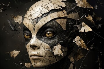 Cracked alien visage emerges from splintered stone surroundings in a surreal artwork