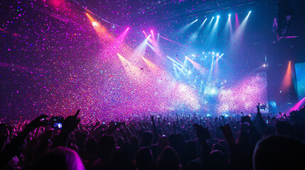 A concert crowd enjoying colorful stage lights and confetti.