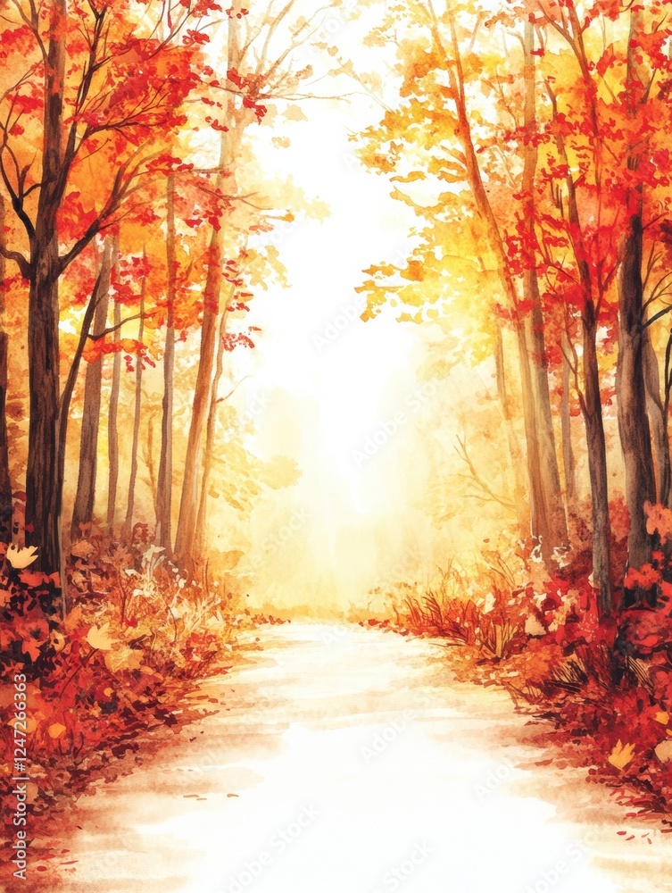 Poster Autumn pathway through vibrant trees in a serene forest at dawn with warm hues illuminating the landscape. Generative AI