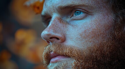 Close-up portrait of a man with a red beard and blue eyes, surrounded by autumn leaves.