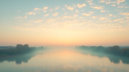 Fototapeta premium Serene River Sunrise Mist Soft Cloudscape