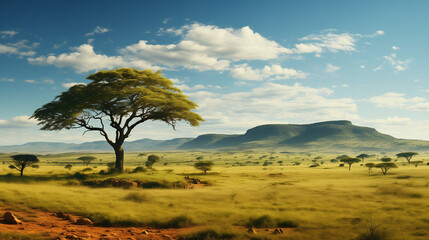 Obraz premium african savanna acacia trees mountains blue sky green grassland white clouds wide shot