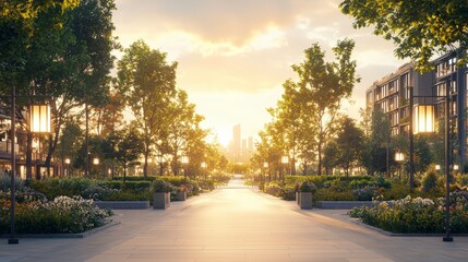 Serene urban park pathway illuminated by street lamps at sunset, surrounded by lush greenery and blooming flowers.