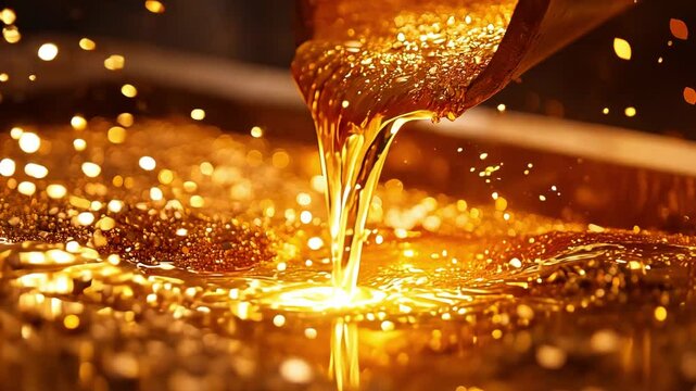 Molten gold flows smoothly into a container, showcasing the beauty and richness of the metal