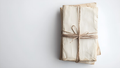 Stack of old letters wrapped with twine on white background