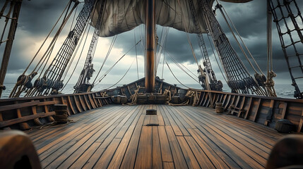 Fototapeta premium A deserted pirate ship deck with wooden planks, sails, and rigging, set against a moody sky backdrop for a theater stage scene.