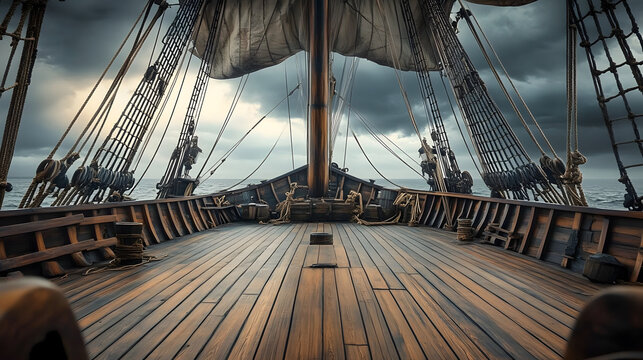 A deserted pirate ship deck with wooden planks, sails, and rigging, set against a moody sky backdrop for a theater stage scene.