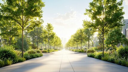 Obraz premium A sunlit pathway lined with lush trees and greenery, creating a serene and inviting atmosphere.