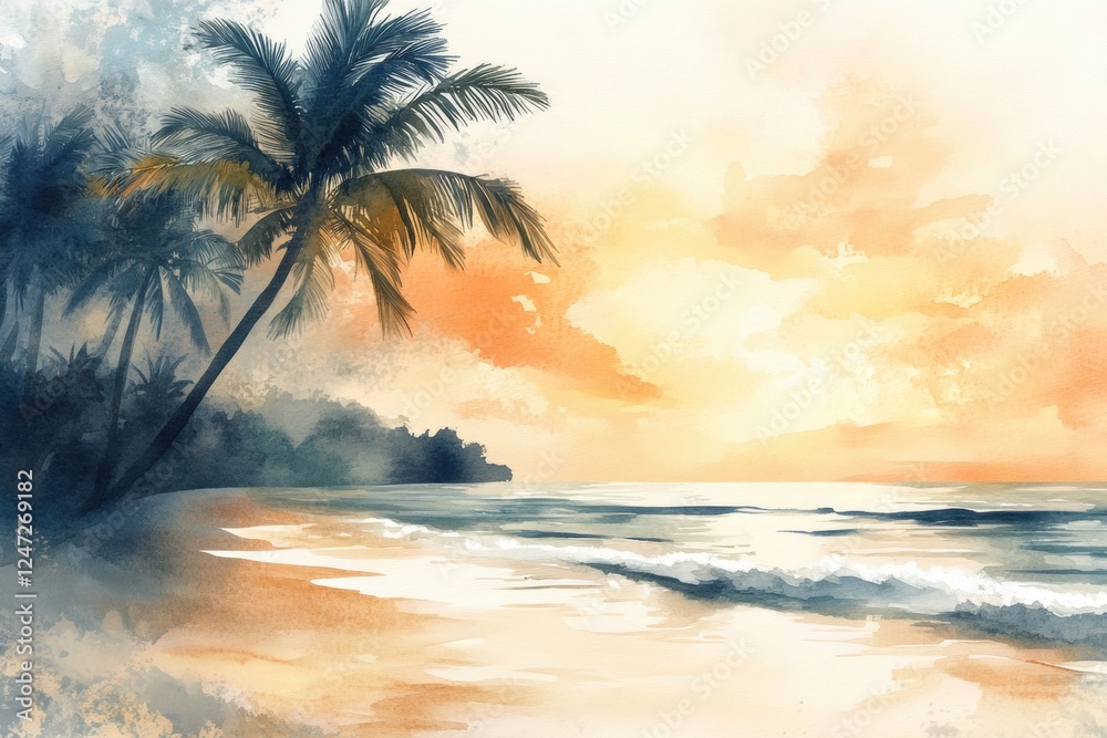 Poster sunset over a tranquil beach with palm trees and gentle waves at twilight in a watercolor illustrati