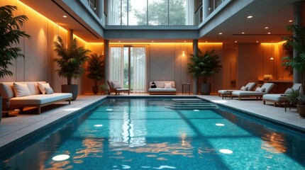 Obraz premium Elegant indoor luxury pool with crystal-clear water, modern lounge chairs, and ambient lighting. A sophisticated relaxation space with a serene atmosphere.