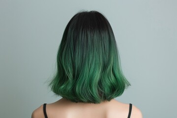 Fototapeta premium Dark green ombre hairstyle with black roots, shoulder-length sleek haircut, bold and modern look, creative hair styling, stylish beauty trends, vibrant gradient tones, isolated on gray background
