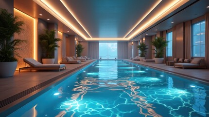 Obraz premium Elegant indoor luxury pool with crystal-clear water, modern lounge chairs, and ambient lighting. A sophisticated relaxation space with a serene atmosphere.